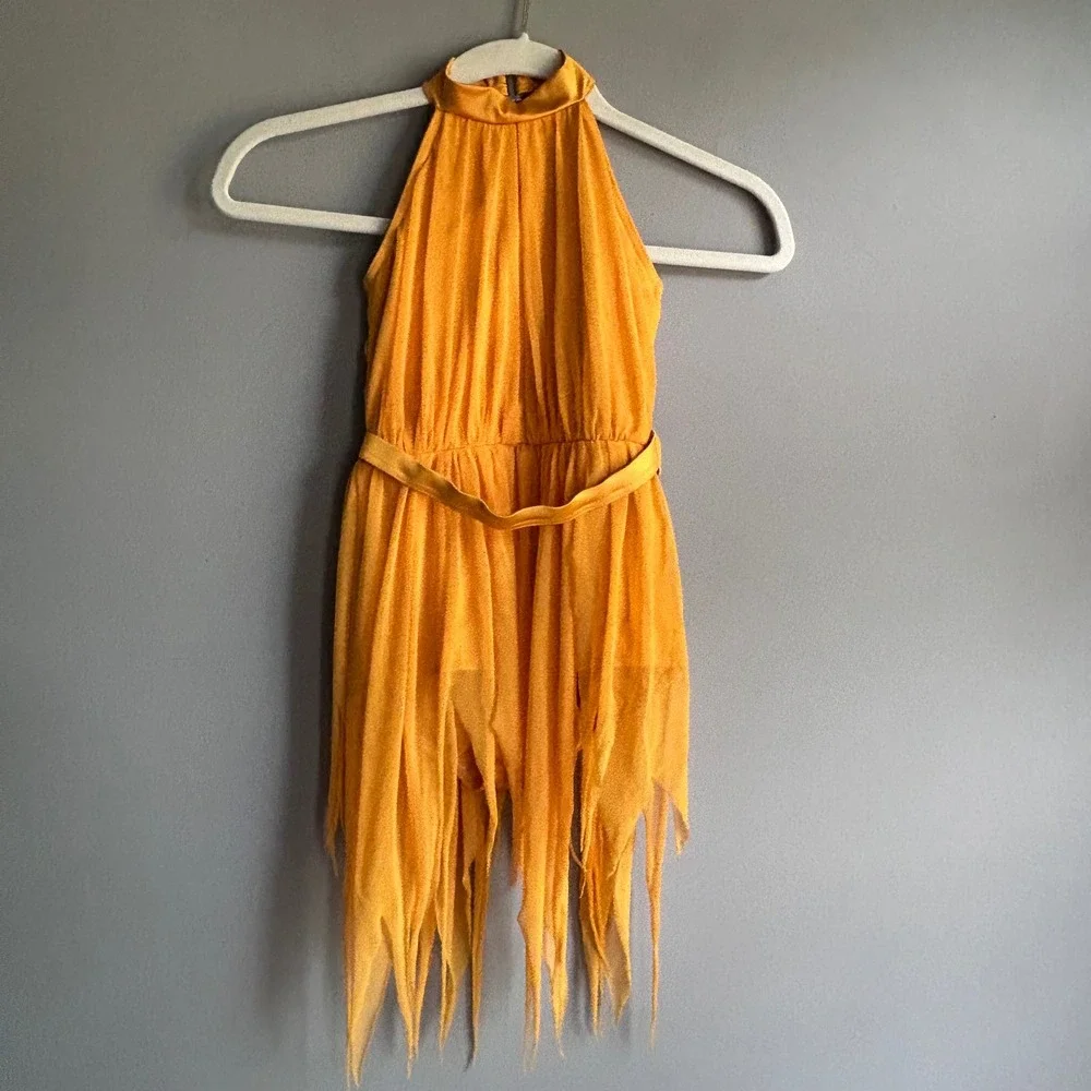 Weissman Mustard Yellow Lyrical Dance Costume Halter Mesh IC Intermediate Child